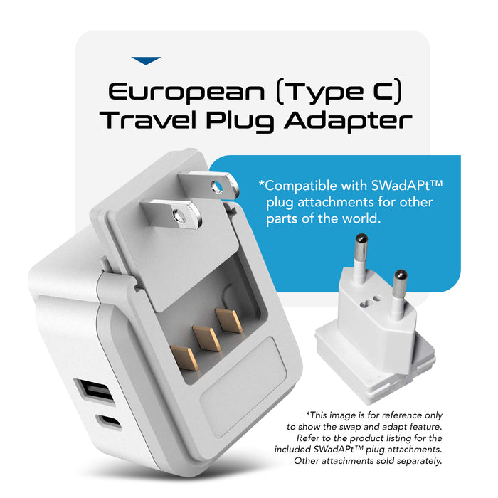 European Travel Adapter | Type C - USB & USB-C Ports + 2 US Outlets (PAK-C)