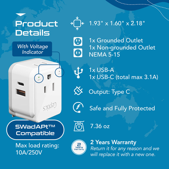 European Travel Adapter | Type C - USB & USB-C Ports + 2 US Outlets (PAK-C)