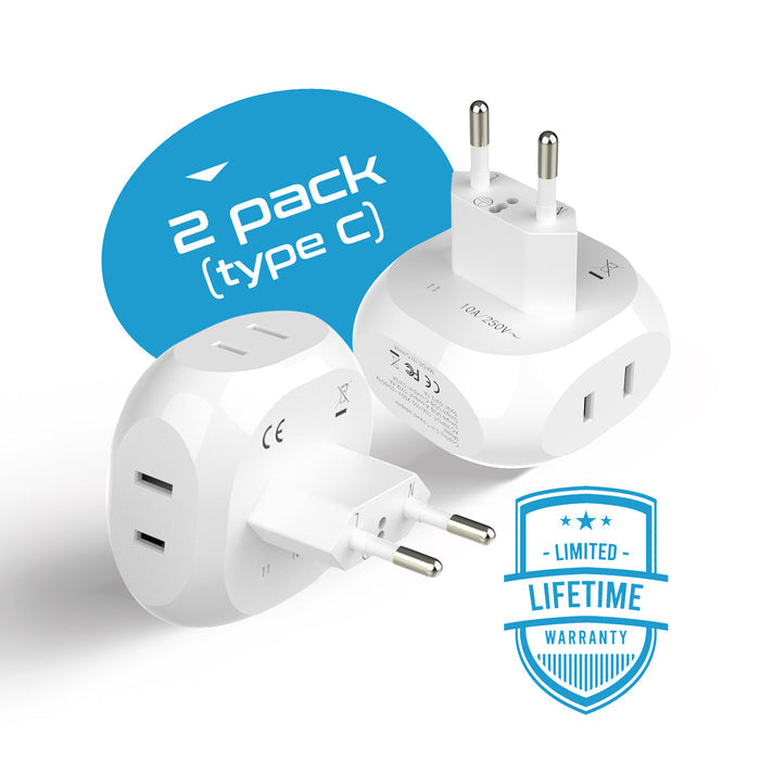 European Travel Plug Adapter - 4 in 1 - Ultra Compact - Light Weight - 2 Pack (PT-9C-2PK)