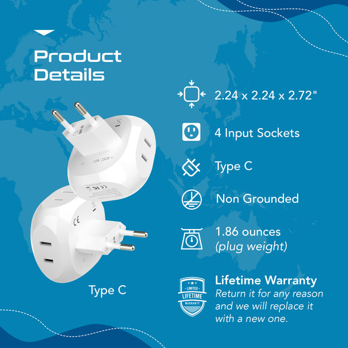 European Travel Plug Adapter - 4 in 1 - Ultra Compact - Light Weight - 2 Pack (PT-9C-2PK)