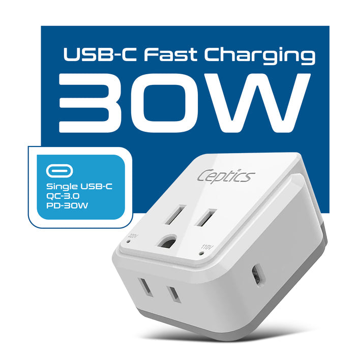 European travel Plug Adapter | Type C - USB C Port + 2 US Outlets (PAK-30W-9C)