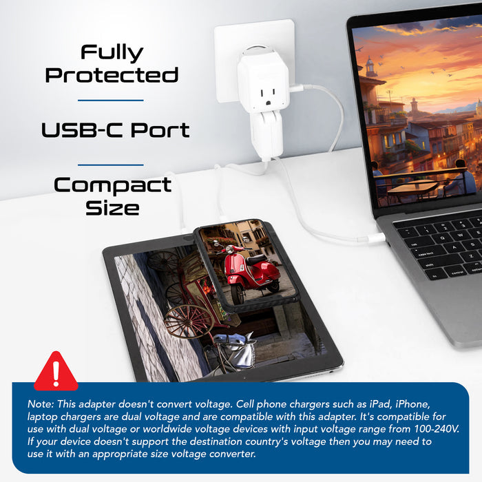 European travel Plug Adapter | Type C - USB C Port + 2 US Outlets (PAK-30W-9C)