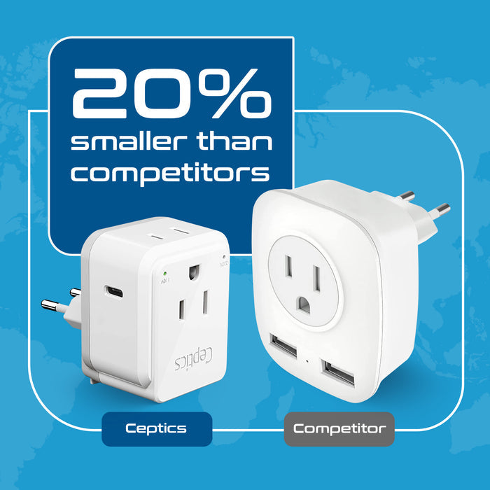 European travel Plug Adapter | Type C - USB C Port + 2 US Outlets (PAK-30W-9C)