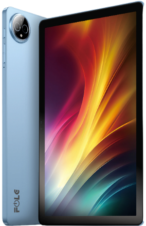 A blue-colored Flog Sky 1 tablet featuring a 10.1-inch screen with a colorful display, and a camera on the back.