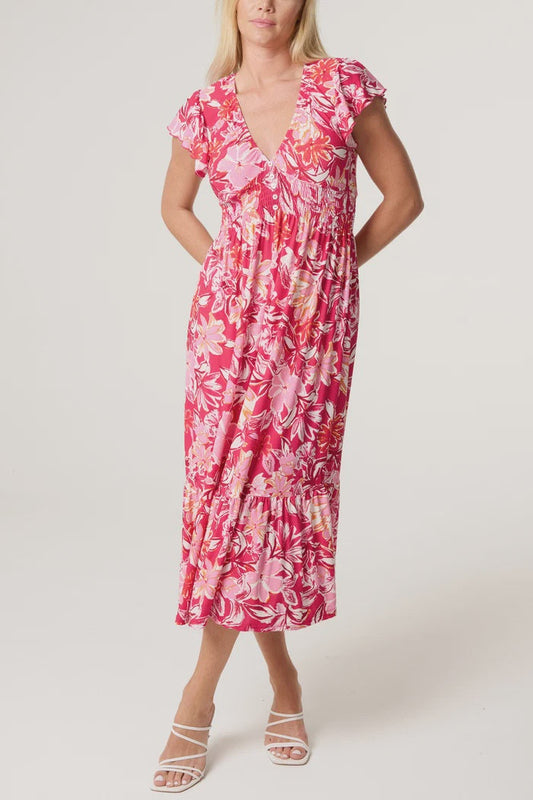 Flutter Sleeve Midi Dress - Pink