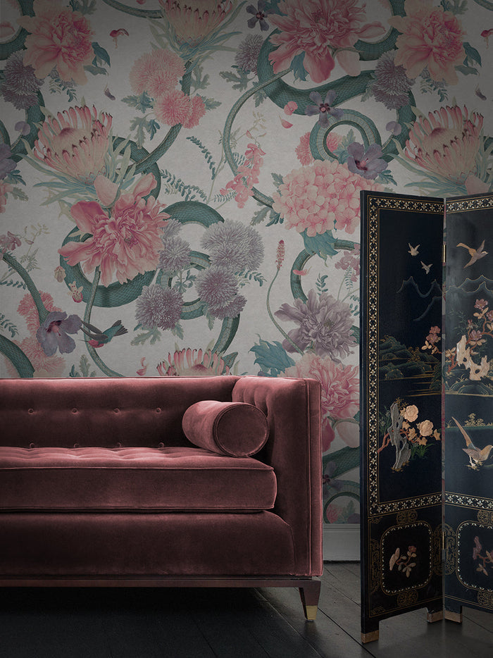 Forbidden Bloom 'Bone White' Faux Suede Wallpaper Sample