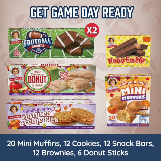 An assortment of Little Debbie cartons including Football Brownies, Apple Cinnamon Donut Sticks, Nutty Buddy, Pumpkin Spice Oatmeal Creme Pies and Pumpkin Spice Mini Muffins.