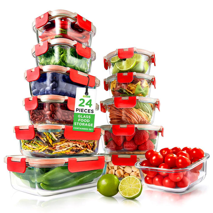 Glass Food Storage Set 24pc Airtight Leak-Proof Borosilicate Red