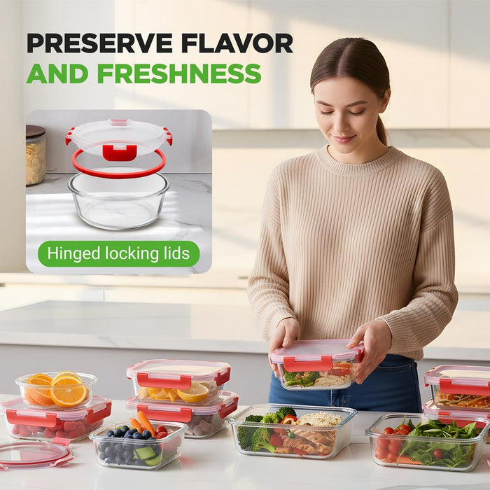 Glass Food Storage Set 24pc Airtight Leak-Proof Borosilicate Red