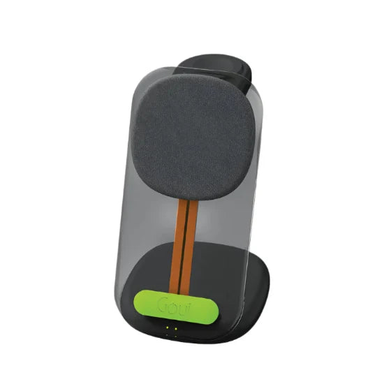 A black Goui 3 in 1 ultra-fast wireless charger with a round base and a cylindrical stand, featuring a green accent on the charging port.