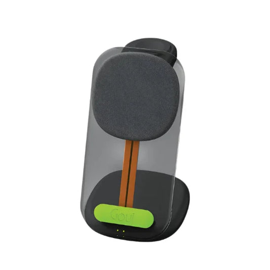 A black Goui 3 in 1 ultra-fast wireless charger with a round base and a cylindrical stand, featuring a green accent on the charging port.