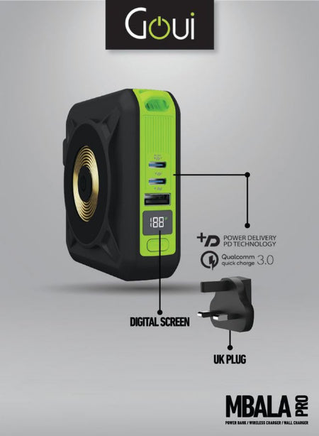 Goui Mbala Wall Charger & Pro Power Bank 10000Mah, Wireless, Black