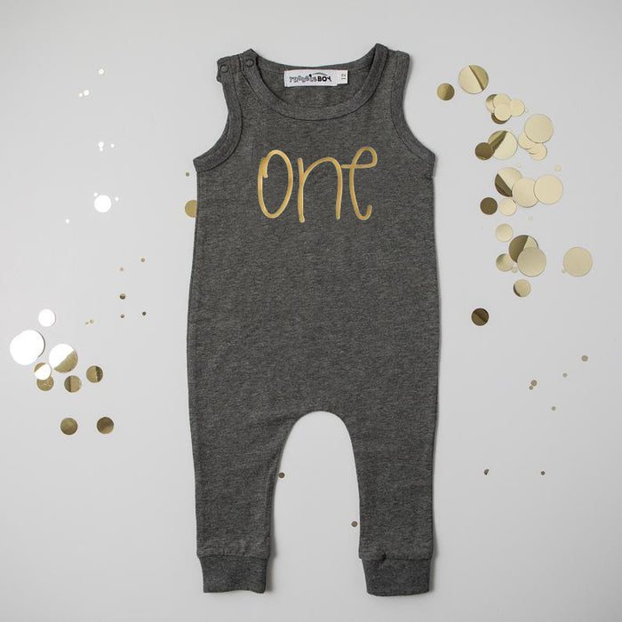 Gray "ONE" Slim Fit First Birthday Romper