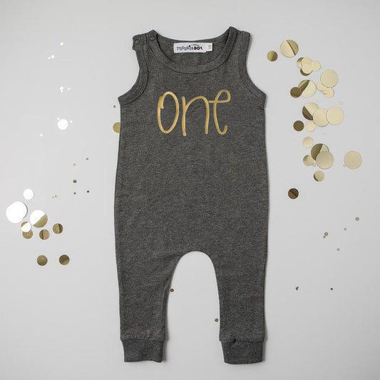 Gray "ONE" Slim Fit First Birthday Romper