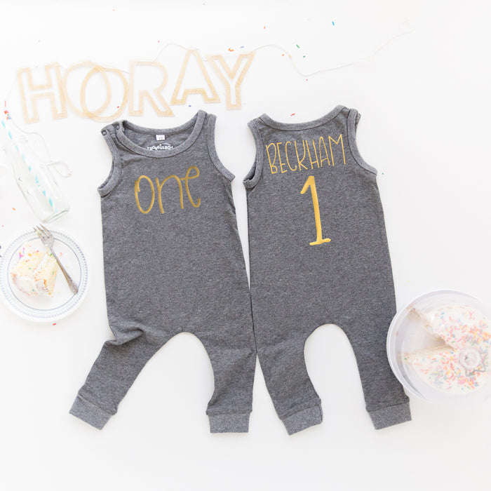 Gray "ONE" Slim Fit First Birthday Romper