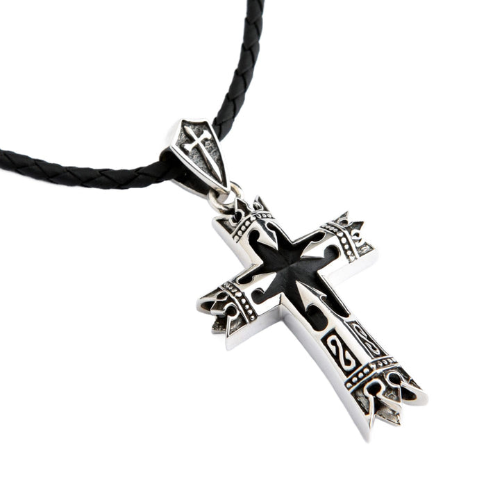 The sterling silver biker-style cross pendant with black onyx, shown on a heavy chain as a complete necklace.