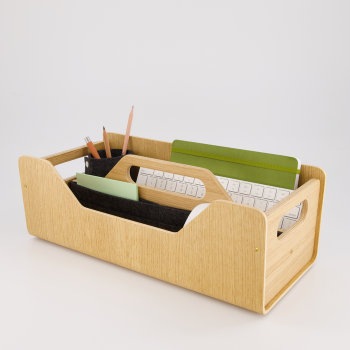 Gustav Dot oak wood desk organizer – front view with compartments
