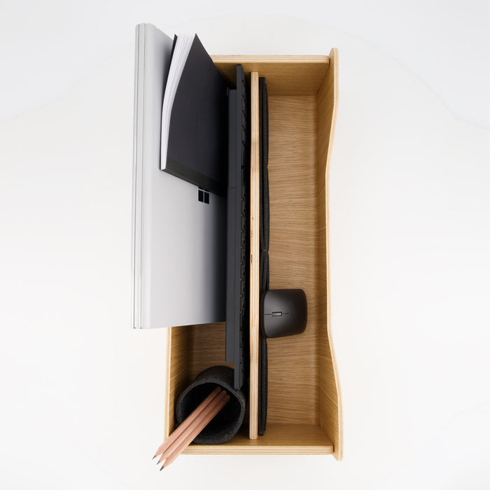 Gustav Dot XL oak wood desk organizer – top view with accessories