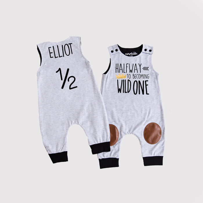 "Halfway to Becoming Wild One" 1/2 Birthday Romper with Knee Patches
