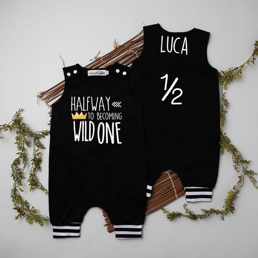 "Halfway To Becoming Wild One" 1/2 Birthday Romper with Striped Cuff