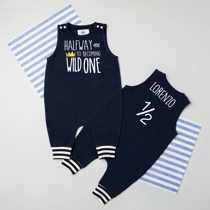 "Halfway To Becoming Wild One" 1/2 Birthday Romper with Striped Cuff