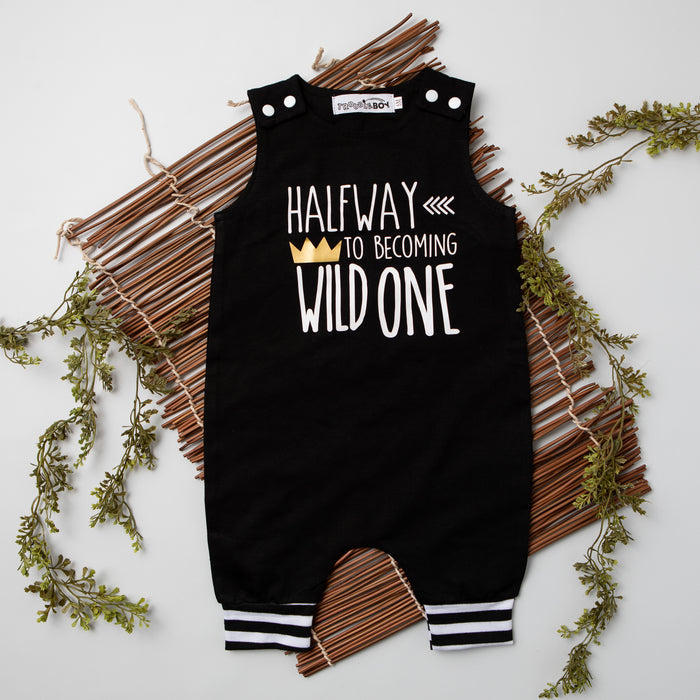 "Halfway To Becoming Wild One" 1/2 Birthday Romper with Striped Cuff