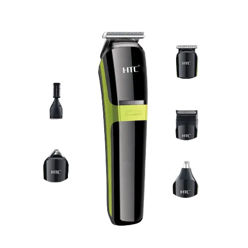 Hair trimmer with attachments on a white background, featuring the HTC brand.