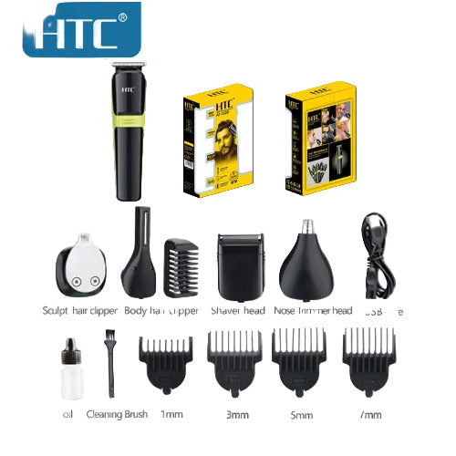 Collection of HTC grooming tools including a hair clipper, shaver head, nose trimmer head, and packaging on a white background.