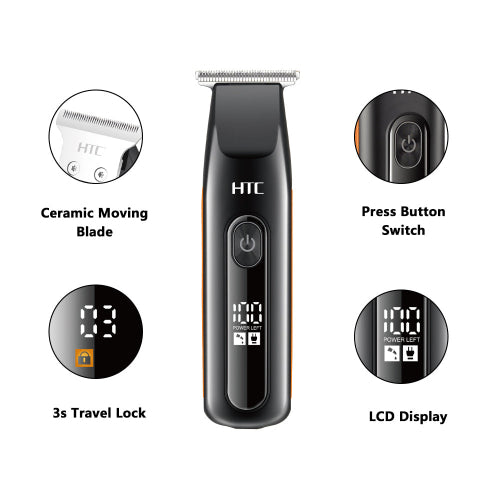HTC hair trimmer with features highlighted on a white background