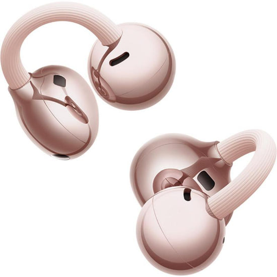 Rose gold wireless earbuds in a matching charging case on a white background