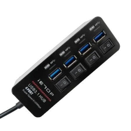 IETOP 4 Port USB HUB 3.1 Splitter with On/Off Switch, displaying multiple USB ports.
