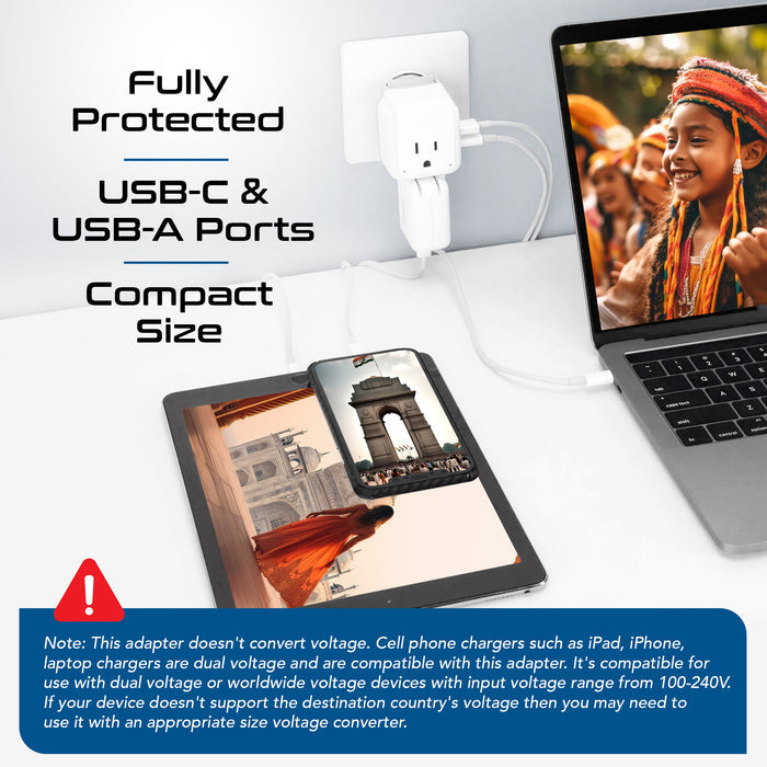 India, Nepal Travel Adapter Set | Type C, D - USB & USB-C Ports + 2 US Outlets (PAK-IN)