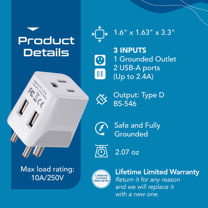 India Travel Adapter Plug Combo - Type C, D | Dual USB - Indian Combo (CTU-9C-10)