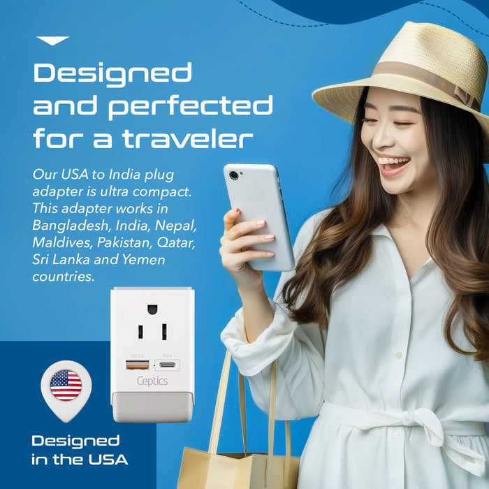 India Travel Adapter | Type D - USB-A & USB-C Ports + 2 USA Outlet (AP-10)