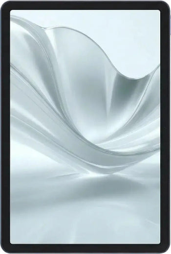 Tablet with a black frame displaying a white abstract design on the screen.