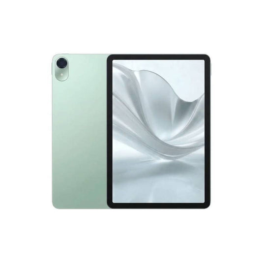 A tablet shown from the back and front on a plain white background. The back is a pale mint green, and the front has a black bezel with a silver abstract wallpaper displayed on the screen.
