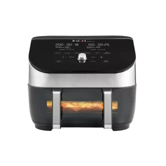Black and silver air fryer with digital display on a white background