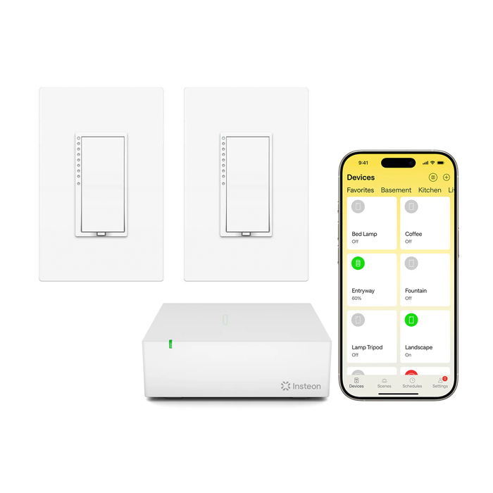 Smart home control system with two wall-mounted switches and a smartphone app on a white background