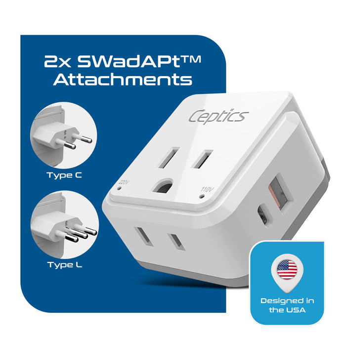 Italy, Chile Travel Adapter Set | Type C, L - USB & USB-C Ports + 2 US Outlets (PAK-IT)