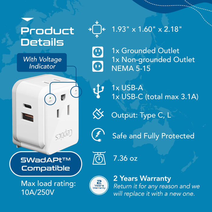 Italy, Chile Travel Adapter Set | Type C, L - USB & USB-C Ports + 2 US Outlets (PAK-IT)