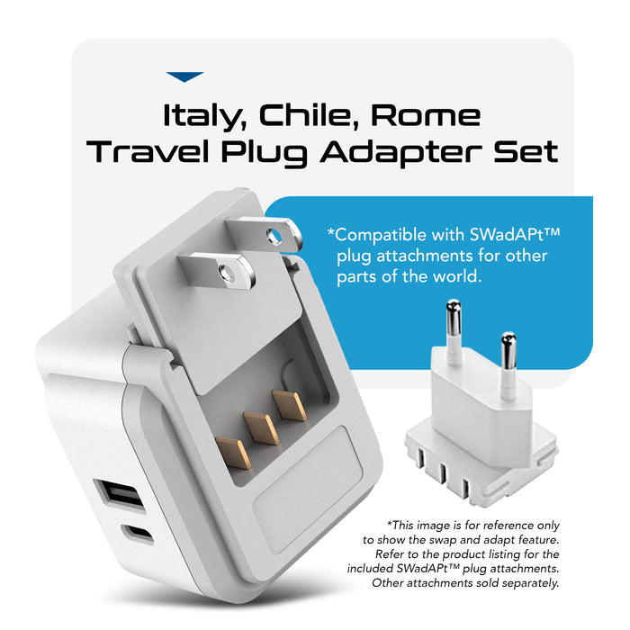 Italy, Chile Travel Adapter Set | Type C, L - USB & USB-C Ports + 2 US Outlets (PAK-IT)