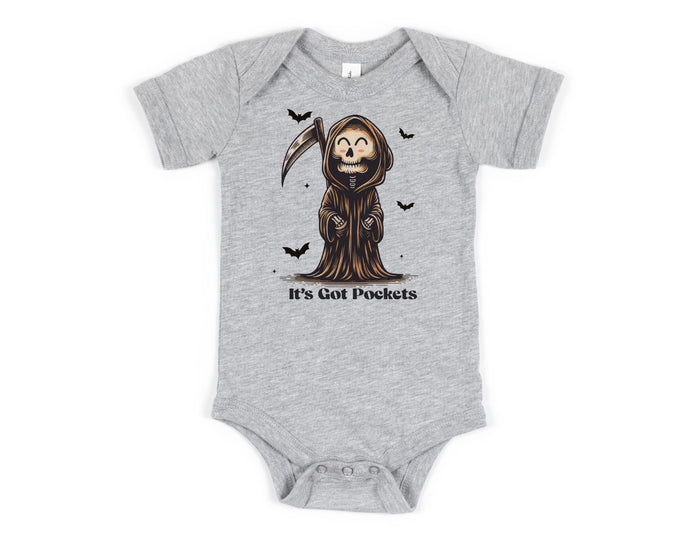 "It's Got Pockets" Grim Reaper Kids Halloween T-shirt or Bodysuit