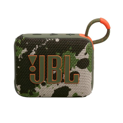 Camouflage-patterned JBL speaker on a white background
