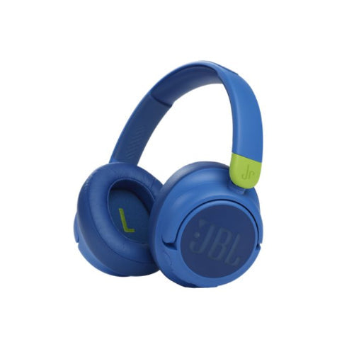 Blue JBL headphones with a green label on a white background