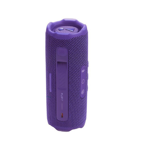 Purple portable speaker on a white background
