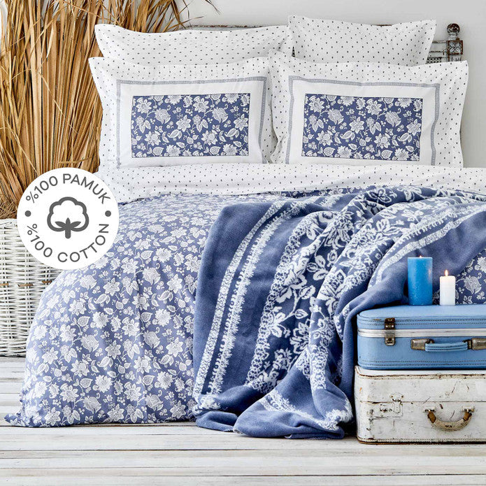 Karaca Home Celerina 100% Coton Ensemble de Housse de Couette Double Ajusté Bleu