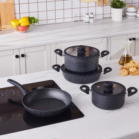 Karaca Nebula – Set De Batterie de Cuisine 7 Pièces, Granité, Induction, Noir