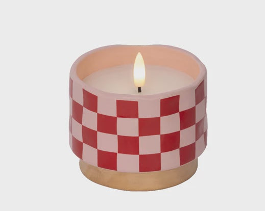 LED Ceramic Candle - Red & Pink Check 9cm