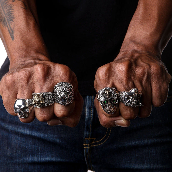 Lion Head Biker Rings on Hand