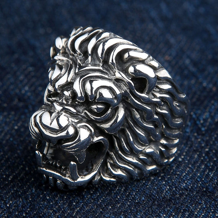 Roaring lion head ring in sterling silver